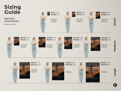 Sizing guide for the Golden Gate Bridge artwork. Visualize the art in different sizes from small to large. Available in canvas and poster prints for any space.