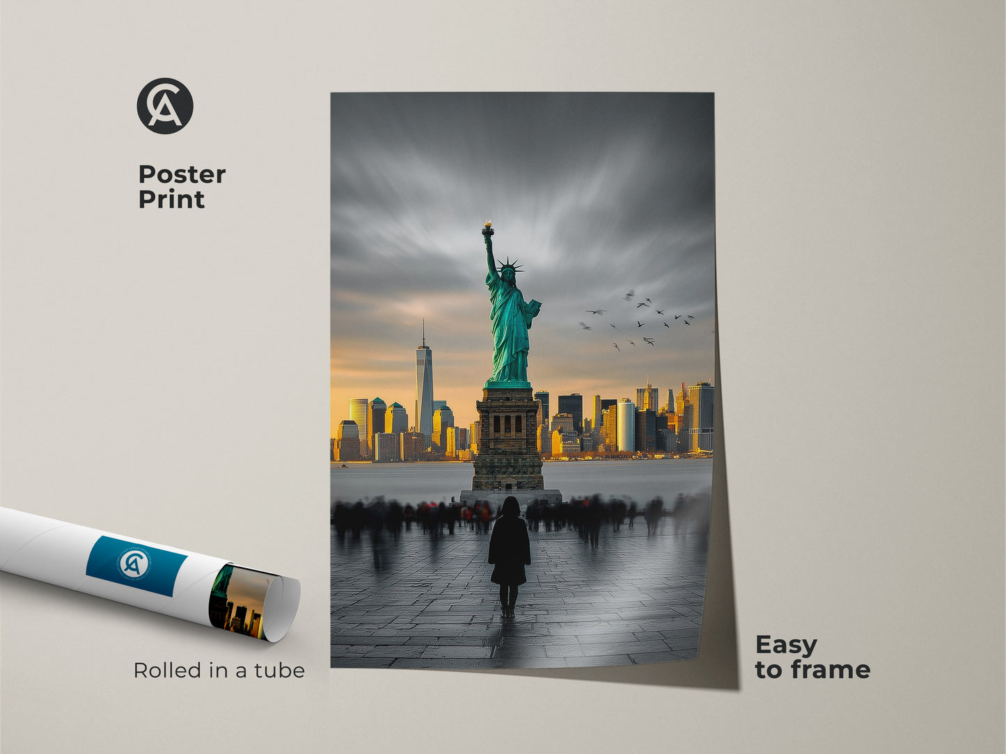 This poster print features the Statue of Liberty and the New York City skyline. The poster is rolled in a tube making it easy to frame. The artwork shows a person admiring the statue. This poster print is museum-quality and will look great in your space.