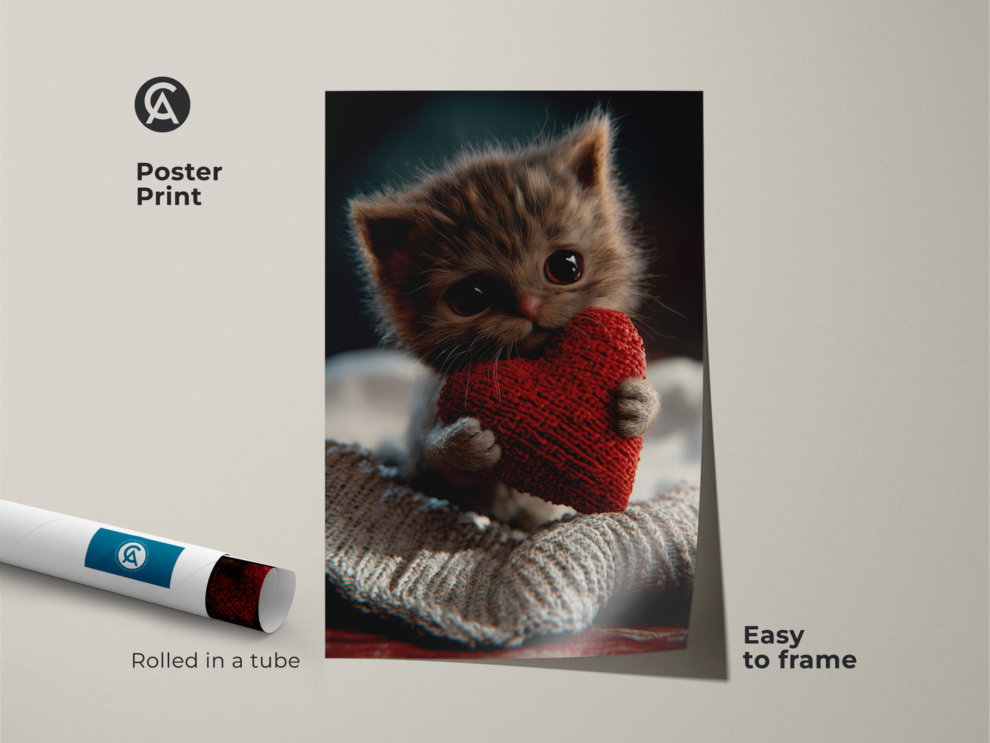 Poster print of a fluffy kitten holding a red heart. This whimsical pet portrait is easy to frame. It is rolled in a tube for protection. This sweet little kitten print is perfect for a baby cat nursery. A romantic heart kitten art for home walls.