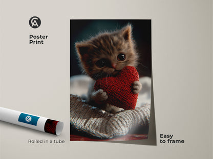 Poster print of a fluffy kitten holding a red heart. This whimsical pet portrait is easy to frame. It is rolled in a tube for protection. This sweet little kitten print is perfect for a baby cat nursery. A romantic heart kitten art for home walls.
