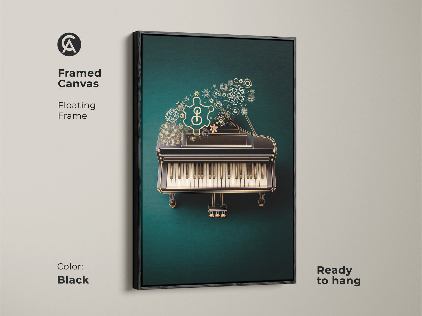 The framed canvas of the Steampunk Grand Piano artwork features a black floating frame. The art is printed with mechanical gears and musical motifs in emerald and gold tones. Ready to hang it adds an eclectic touch. Its a great gift for musicians and office decor.