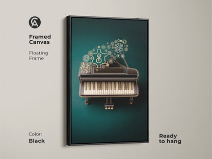 The framed canvas of the Steampunk Grand Piano artwork features a black floating frame. The art is printed with mechanical gears and musical motifs in emerald and gold tones. Ready to hang it adds an eclectic touch. Its a great gift for musicians and office decor.