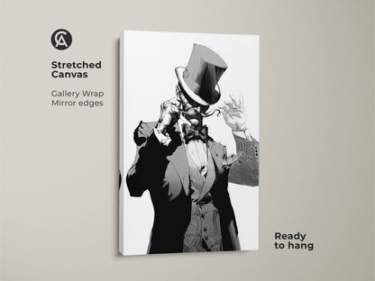 Art Deco gentleman canvas print close-up. See the gallery wrap mirror edges on a vintage-style character artwork. The black and white portrait art is ready to hang. It brings an eclectic touch to any room. A great monochrome character painting for art collectors. Top hat character print.