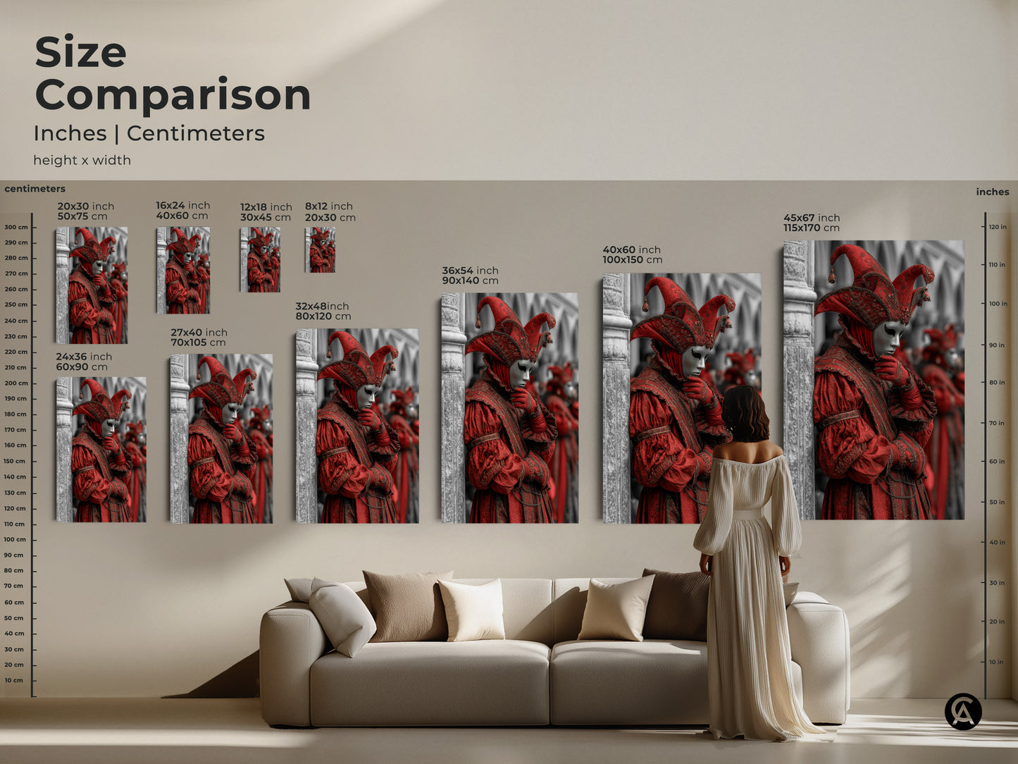 Size comparison of Venetian Jester Mask artwork in inches and centimeters. See how each size impacts your space. From a cozy 8x12 to a statement 45x67. Find the ideal dimensions for your Gothic Baroque eclectic wall decor.