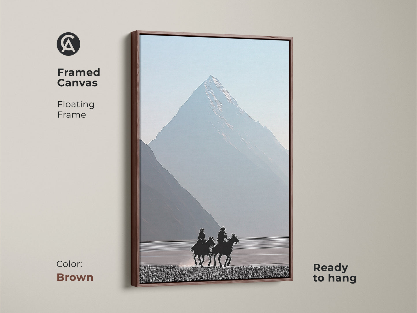 Framed canvas presents a minimalist cowboy and horse silhouette. Brown floating frame enhances the rustic charm. Misty blue mountain landscape brings a serene touch. Perfect wall art for those who love western adventure. Ready to hang art.