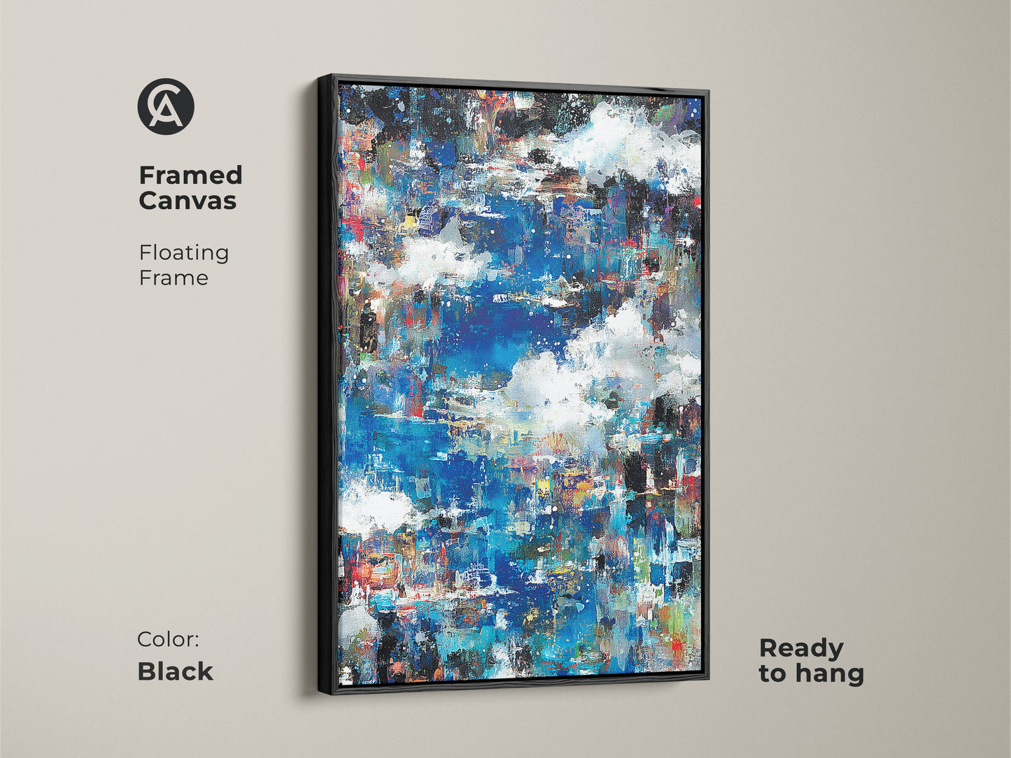 Framed canvas featuring abstract artwork. The black floating frame adds a touch of elegance. Ready to hang and enjoy. Perfect for art enthusiasts. Elevate your home with this modern art piece. Shop now to bring sophistication to your walls.