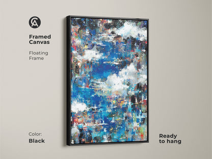 Framed canvas featuring abstract artwork. The black floating frame adds a touch of elegance. Ready to hang and enjoy. Perfect for art enthusiasts. Elevate your home with this modern art piece. Shop now to bring sophistication to your walls.