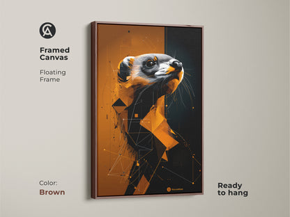 Framed canvas with floating frame in a brown finish showcases a geometric ferret. This unique animal themed home decor fits well with modern geometric interiors and animal lovers.