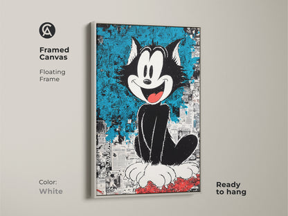 Framed canvas art featuring Felix the Cat. The floating frame enhances the cartoon cat artwork. This is ready to hang. The white frame adds a clean touch. Ideal for cartoon art collectors.