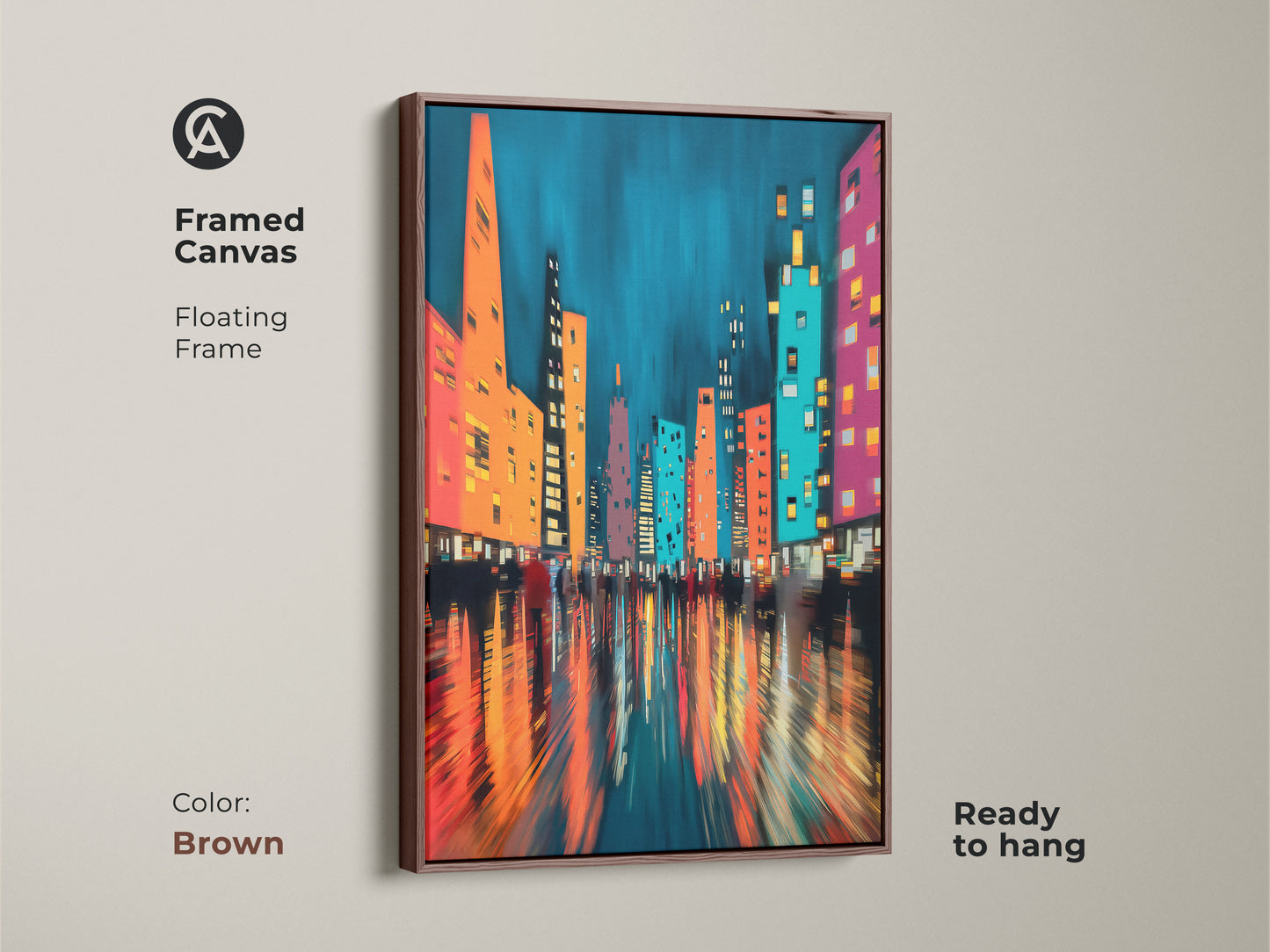 This is a framed canvas art piece featuring a modern abstract cityscape. The brown floating frame beautifully complements the teal blue artwork accented with orange and pink. This piece is ready to hang for easy display and enjoyment.