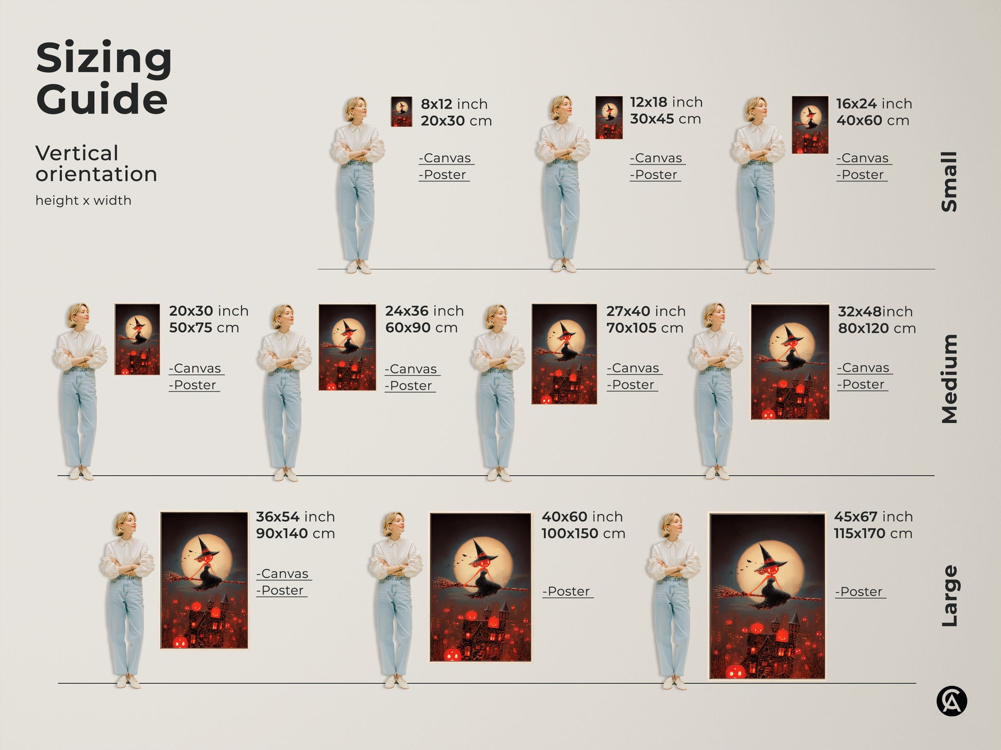Sizing guide for the Halloween witch art print. See vertical orientation height and width options. Available as a canvas or poster in various sizes. Find the perfect dark fantasy art to fit your space from small to large.