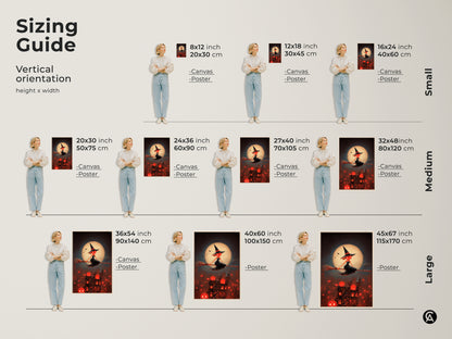 Sizing guide for the Halloween witch art print. See vertical orientation height and width options. Available as a canvas or poster in various sizes. Find the perfect dark fantasy art to fit your space from small to large.