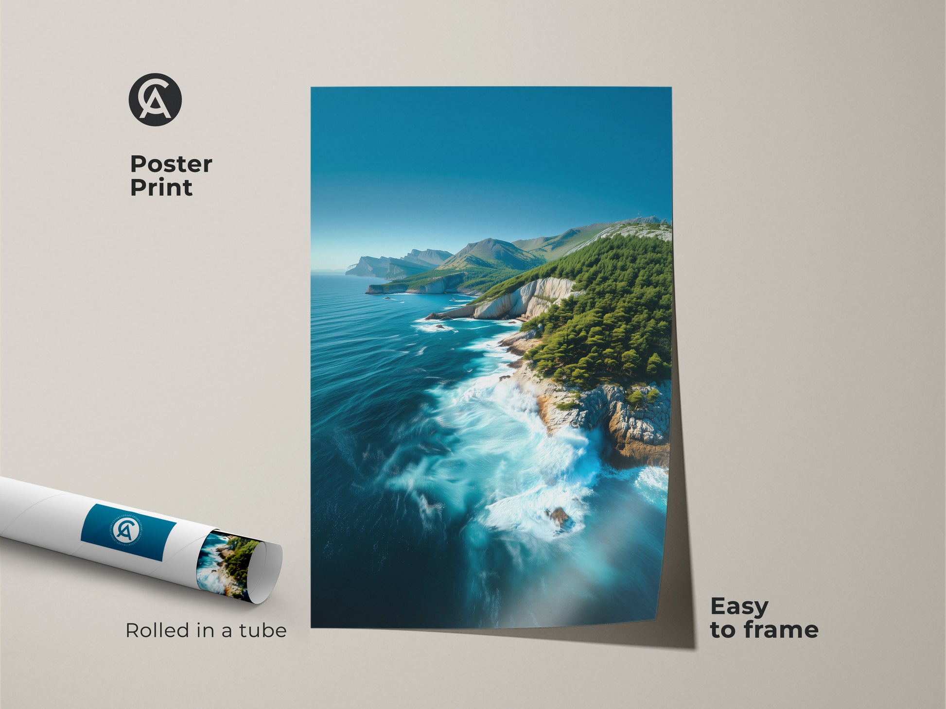 Coastal Cliff Ocean Poster Print. Easy to frame rolled in a tube. Showcases turquoise deep blue landscape art. Pine trees and nature wall art is photorealistic. Bring the beauty of the coast home.