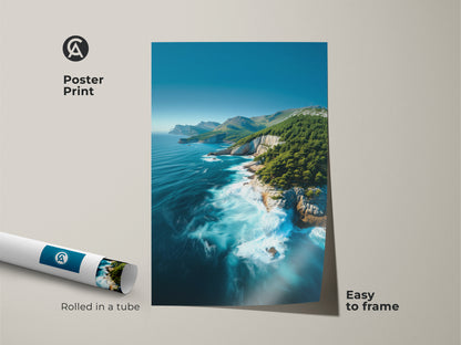 Coastal Cliff Ocean Poster Print. Easy to frame rolled in a tube. Showcases turquoise deep blue landscape art. Pine trees and nature wall art is photorealistic. Bring the beauty of the coast home.