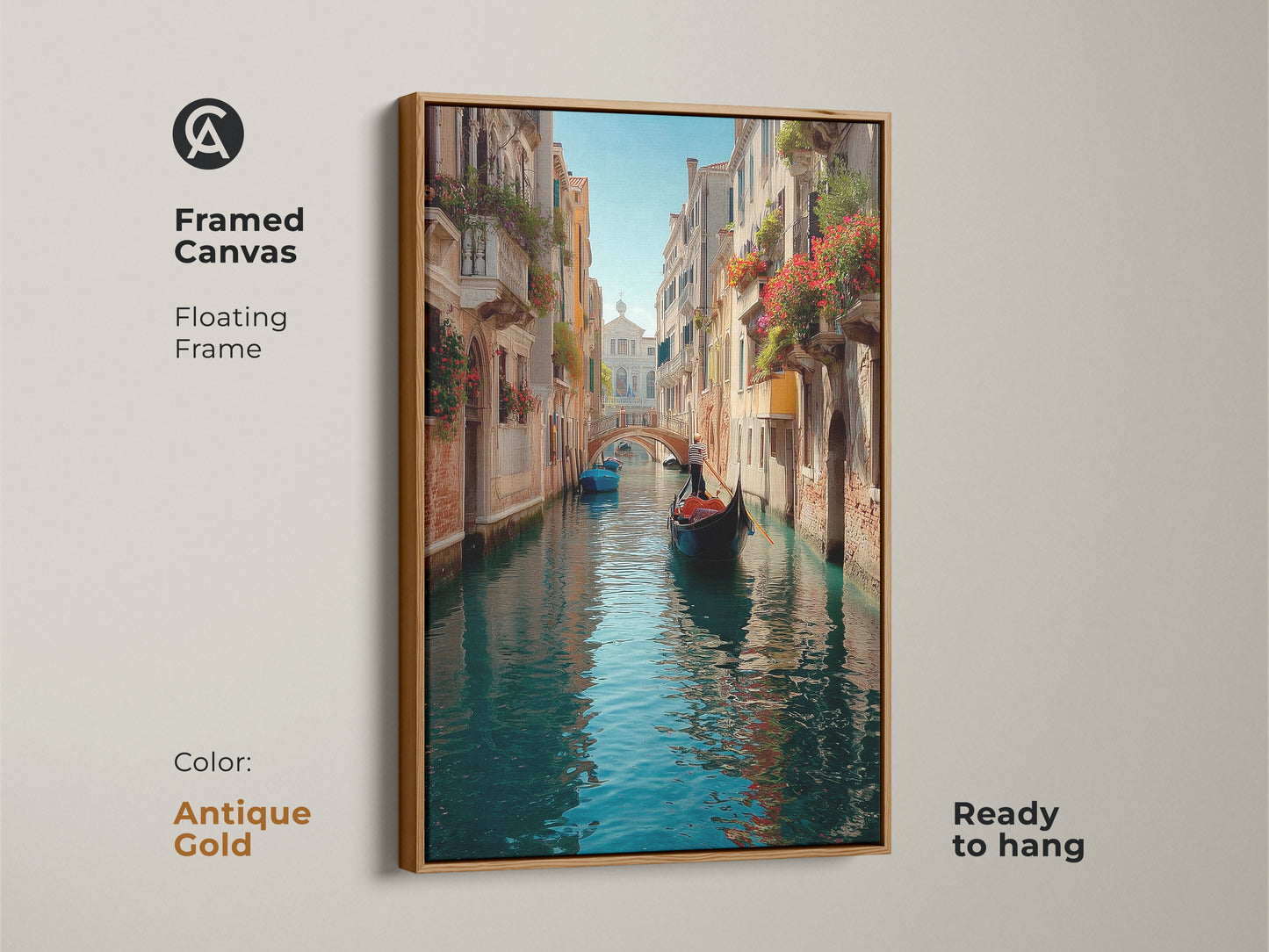 Framed canvas with an antique gold floating frame showing Venice canal art. The gondola boat print uses blue and teal hues. Ready to hang and adds elegance to any room. Romantic cityscape included.