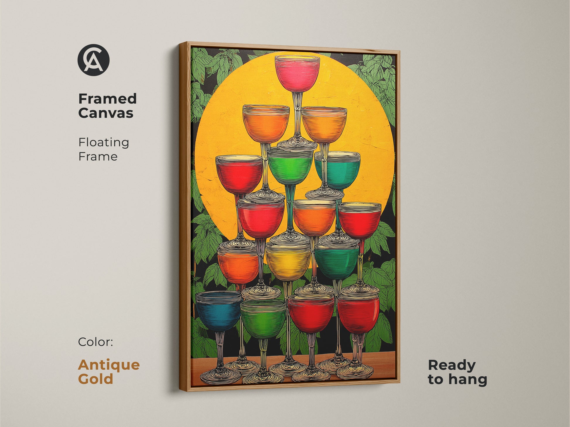 Antique Gold framed canvas of an Art Deco Champagne Tower. This cocktail glasses artwork is ready to hang and has yellow orange and green colors. This canvas adds a touch of vintage charm to your bar artwork.