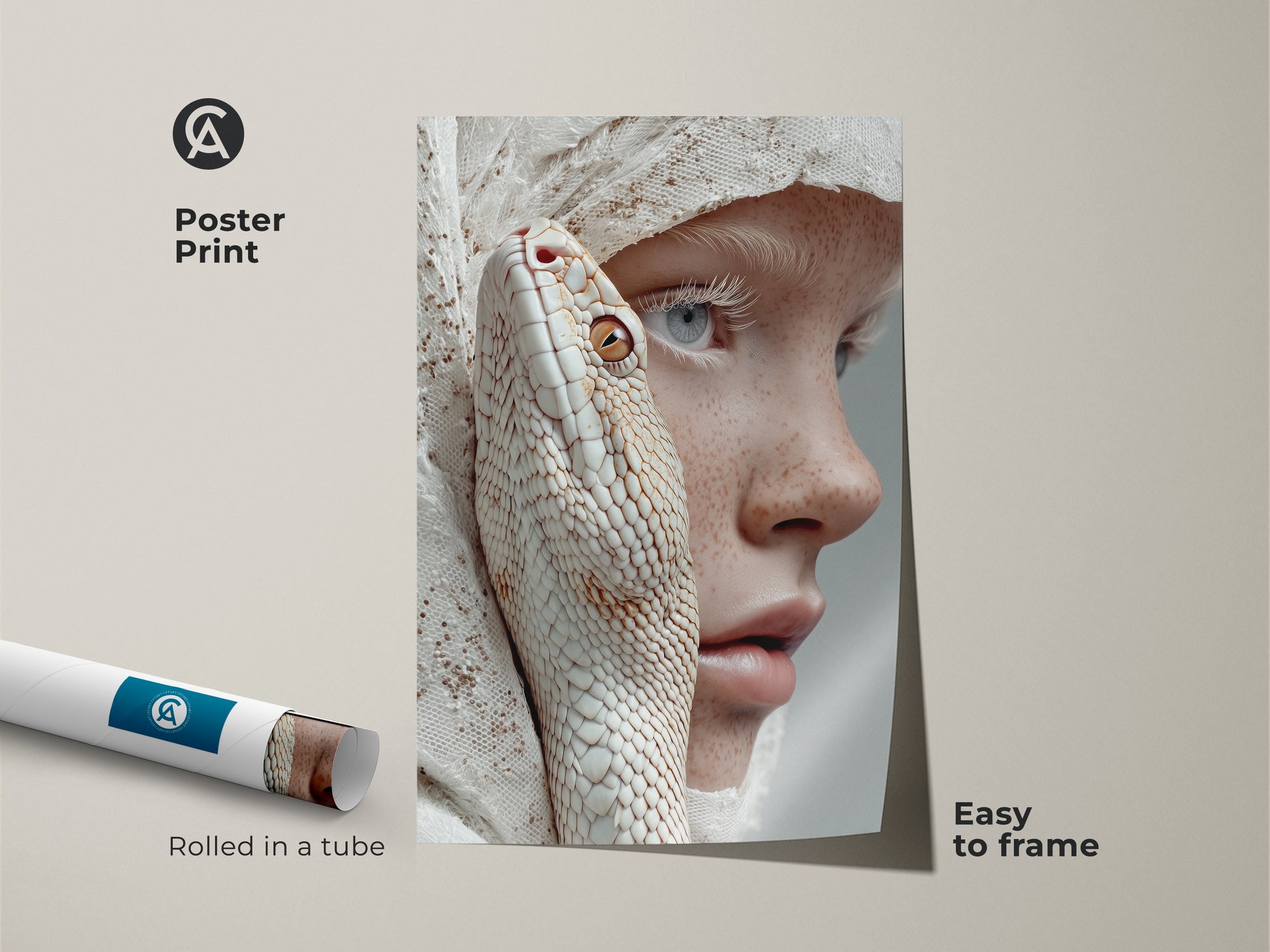 This poster print shows a surreal artwork. It features an albino snake intertwined with a freckled woman. The poster is easy to frame and displays an artistic surrealism. The colors are peach beige and white. It would make a unique snake lover gift or goth gift for her.