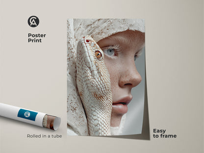This poster print shows a surreal artwork. It features an albino snake intertwined with a freckled woman. The poster is easy to frame and displays an artistic surrealism. The colors are peach beige and white. It would make a unique snake lover gift or goth gift for her.