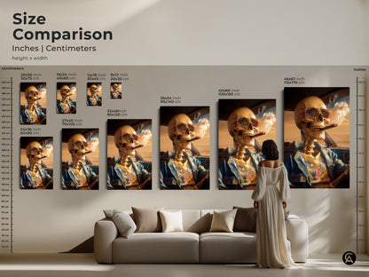 Size comparison of skeleton driving a car artwork in inches and centimeters. See how different sizes look above a couch. Choose from various sizes to match your room's aesthetic. Elevate your interior with this eye-catching skeleton artwork. Find the perfect size.