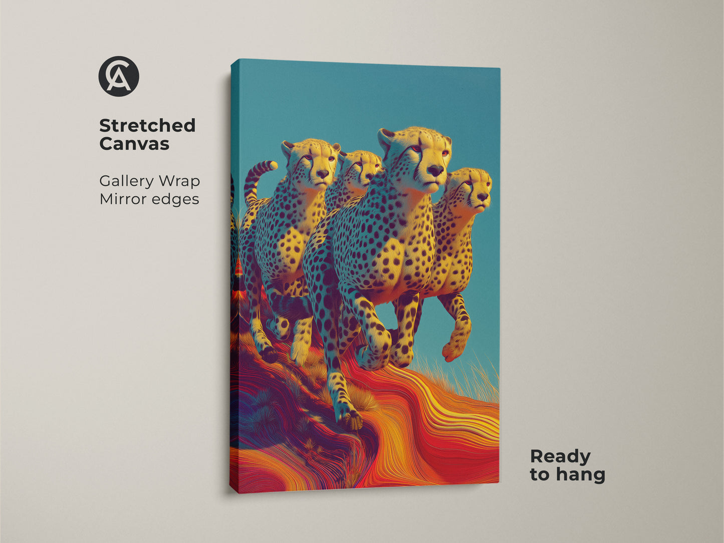 This stretched canvas art shows cheetahs running in a safari landscape. The gallery wrap has mirror edges and comes ready to hang. Perfect wildlife art for eclectic home decor. The yellow blue red colors make this animal print pop. Ideal for a housewarming gift.