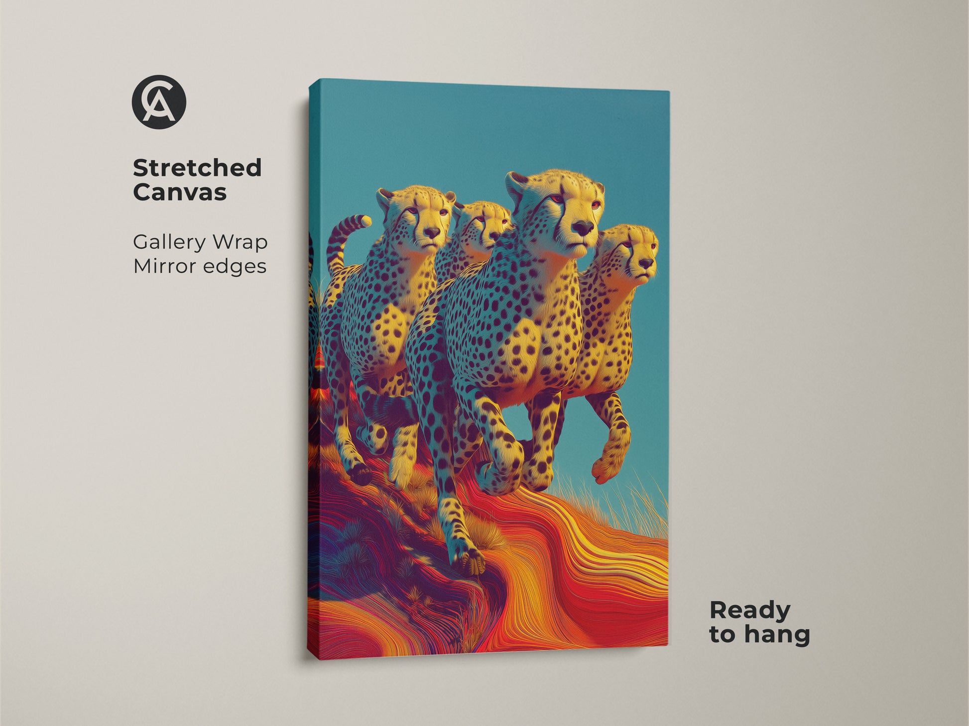 This stretched canvas art shows cheetahs running in a safari landscape. The gallery wrap has mirror edges and comes ready to hang. Perfect wildlife art for eclectic home decor. The yellow blue red colors make this animal print pop. Ideal for a housewarming gift.