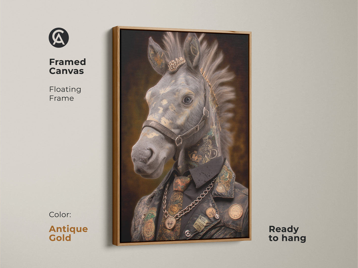 Showcasing Steampunk Tattooed Horse art in an antique gold frame. This unusual animal artwork makes a statement in any room. Its the perfect sophisticated yet edgy focal point. A fantastic gift for horse lovers and admirers of alternative art styles. Enhance your space with this unique framed canvas.