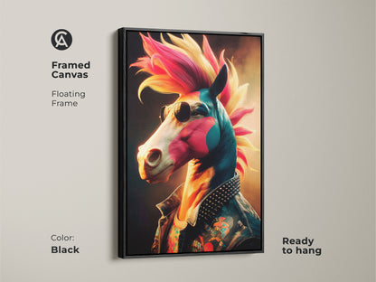 Framed Canvas art featuring punk rock horse. This floating frame is finished in black. It makes a great birthday gift for musician with eclectic tastes. Ready to hang.