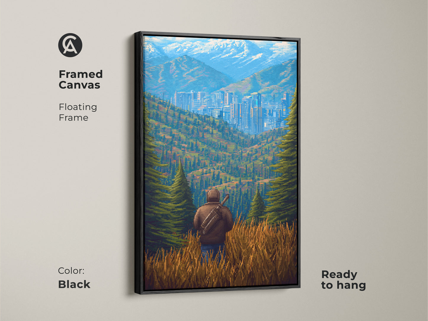Framed canvas with black floating frame showcasing pixel art of a cityscape. The retro mountain landscape art is ready to hang. This modern office wall art features a pixelated city view. This makes a unique housewarming gift.