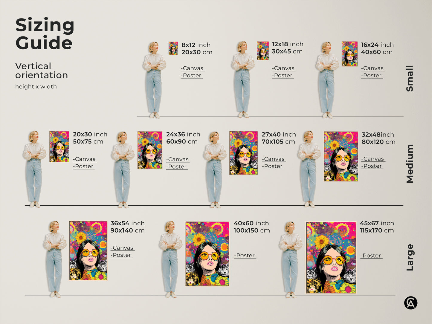 Sizing guide for vertical orientation of woman with cats pop art. Available as canvas or poster in small medium and large. The retro cat lover gift is perfect for any space. The eclectic wall art print is versatile. Hot pink yellow teal colors make it vibrant. Find the perfect size.