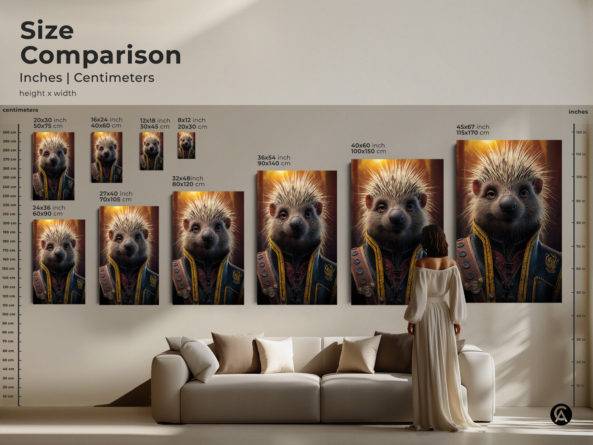 Size comparison for steampunk hedgehog art print. Visualize how this Victorian animal portrait enhances your space. Perfect dark academia decor for your home today.