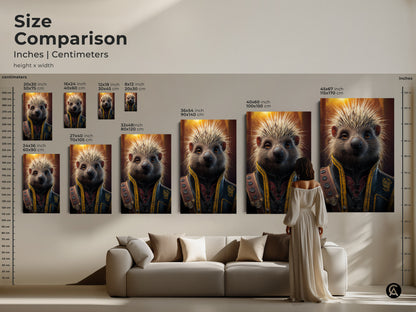 Size comparison for steampunk hedgehog art print. Visualize how this Victorian animal portrait enhances your space. Perfect dark academia decor for your home today.