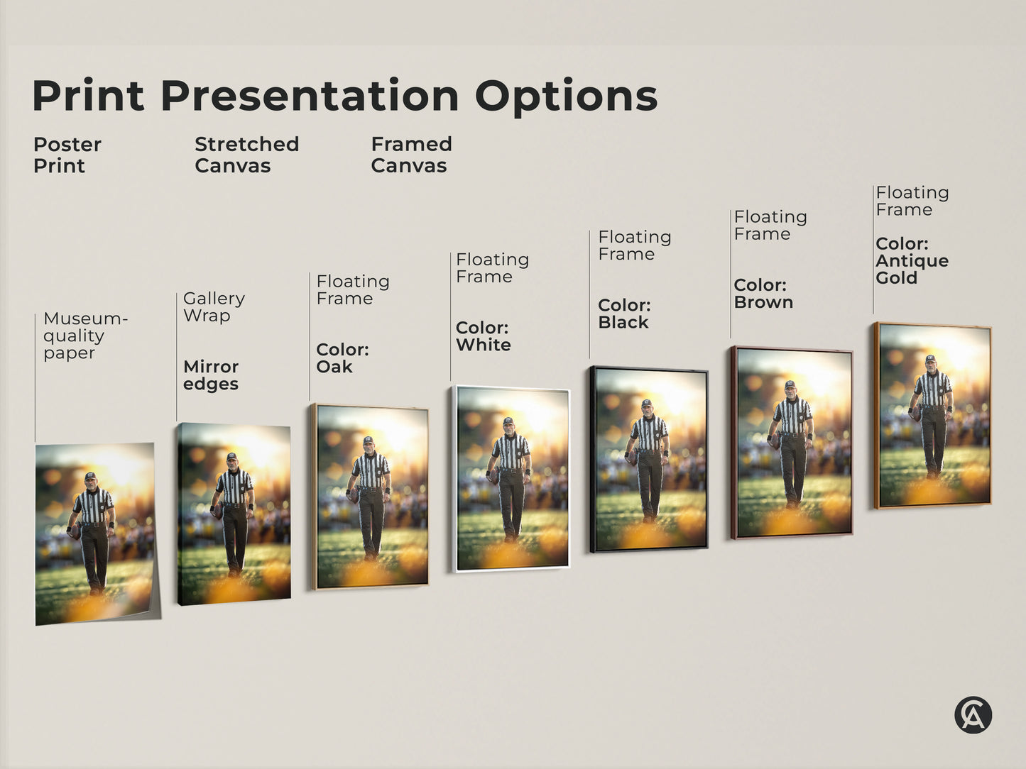 Explore print presentation options for football referee art. Choose from poster prints to stretched canvas. Framed canvas options are available in black brown antique gold and white. Find perfect sports action photography.