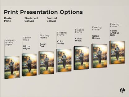 Explore print presentation options for football referee art. Choose from poster prints to stretched canvas. Framed canvas options are available in black brown antique gold and white. Find perfect sports action photography.