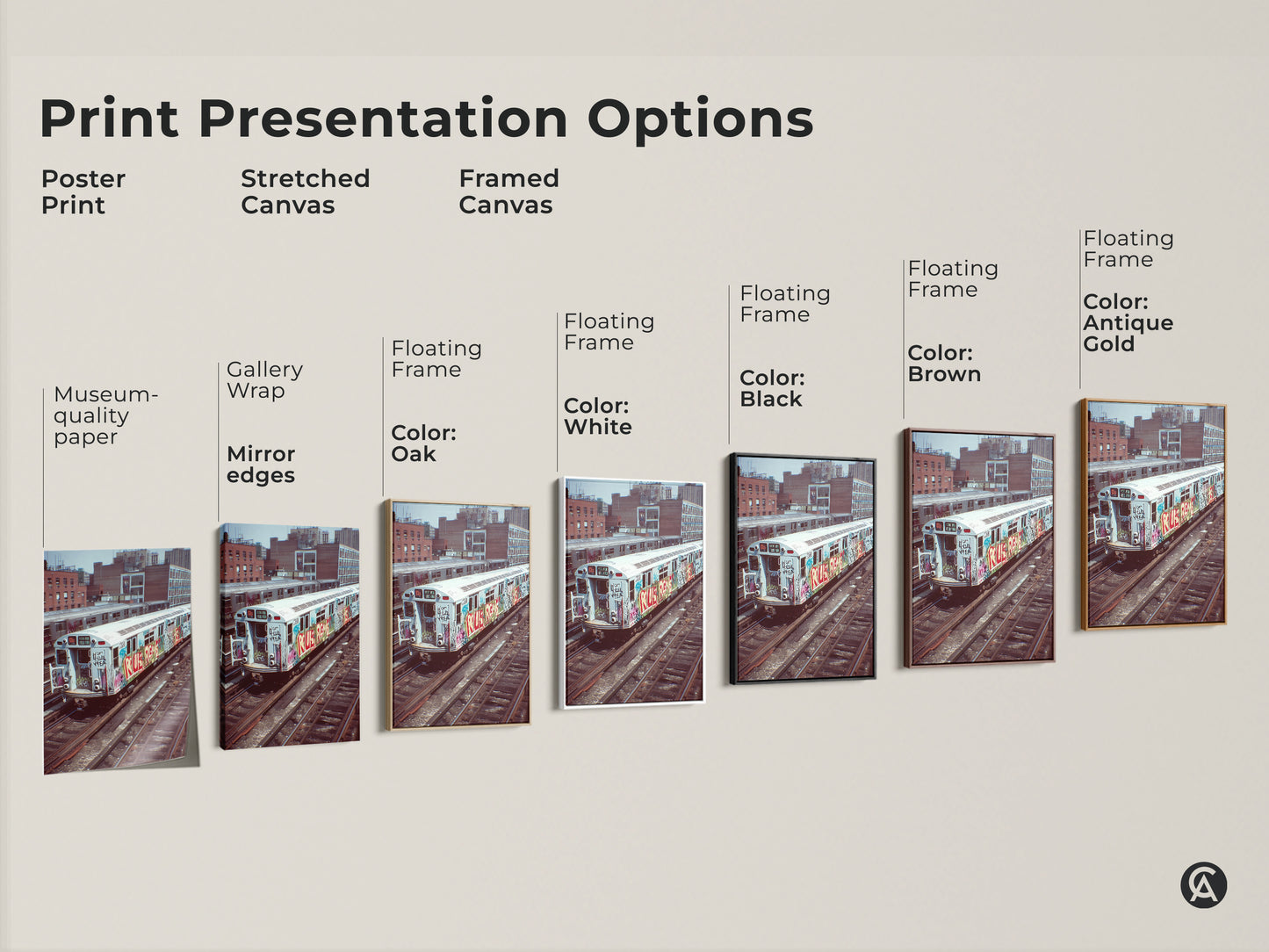 Explore print presentation options for graffiti subway train art. Choose from poster prints stretched canvas and framed canvas styles. Find the perfect industrial loft wall artwork for hip hop fans.