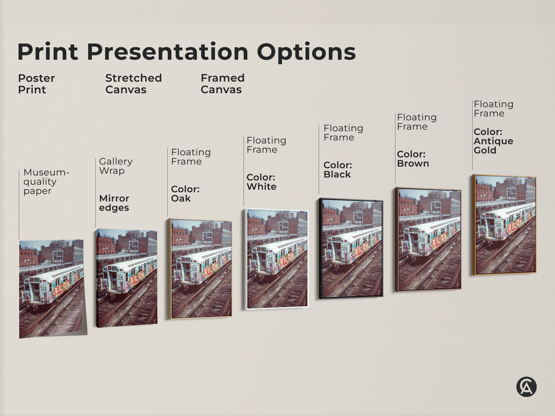 Explore print presentation options for graffiti subway train art. Choose from poster prints stretched canvas and framed canvas styles. Find the perfect industrial loft wall artwork for hip hop fans.