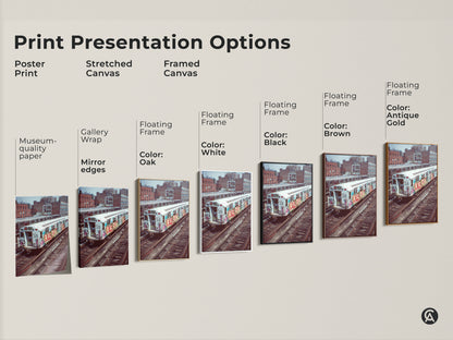 Explore print presentation options for graffiti subway train art. Choose from poster prints stretched canvas and framed canvas styles. Find the perfect industrial loft wall artwork for hip hop fans.