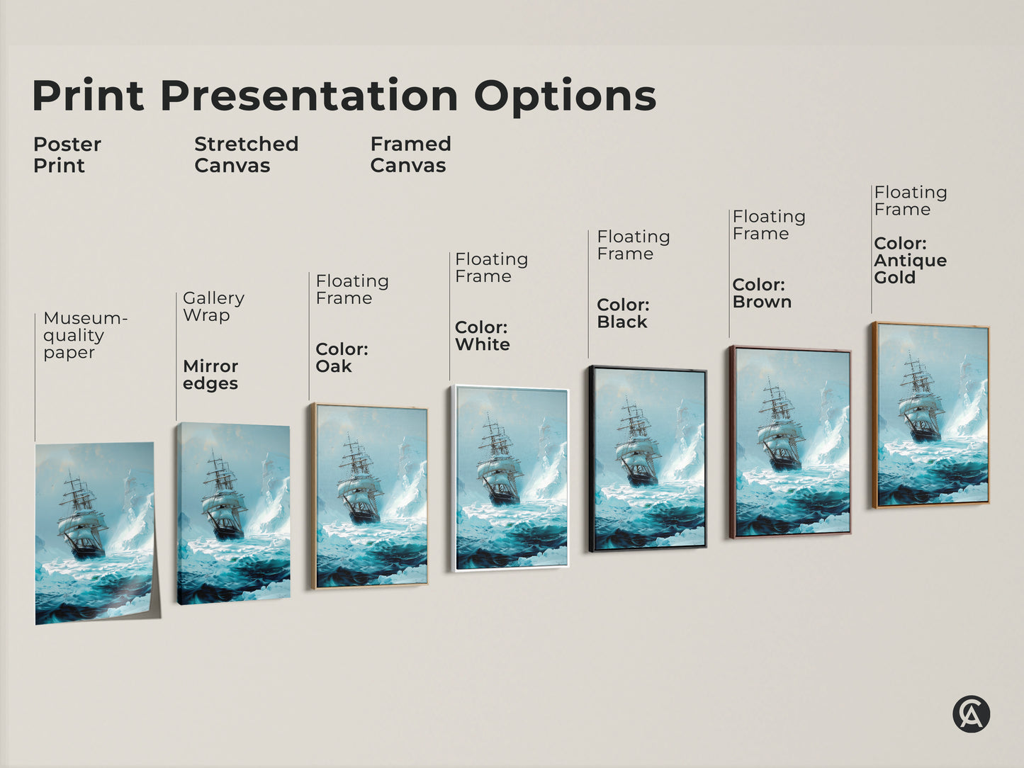 Explore print presentation options for tall ship nautical art. Choose poster prints or stretched canvases with gallery wrap edges. Framed canvases in oak white black brown and antique gold are available. This artwork suits any decor.