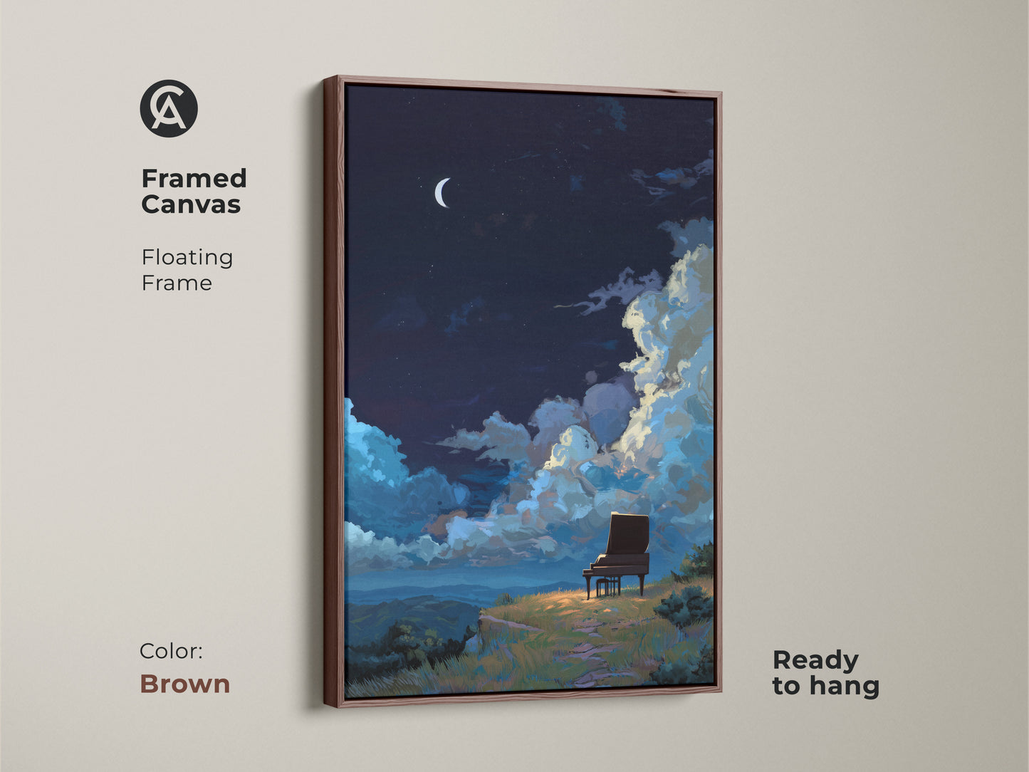 Framed canvas with floating frame in brown displaying surreal landscape. The night sky with piano art is ready to hang. It serves as a thoughtful homecoming gift for musician.