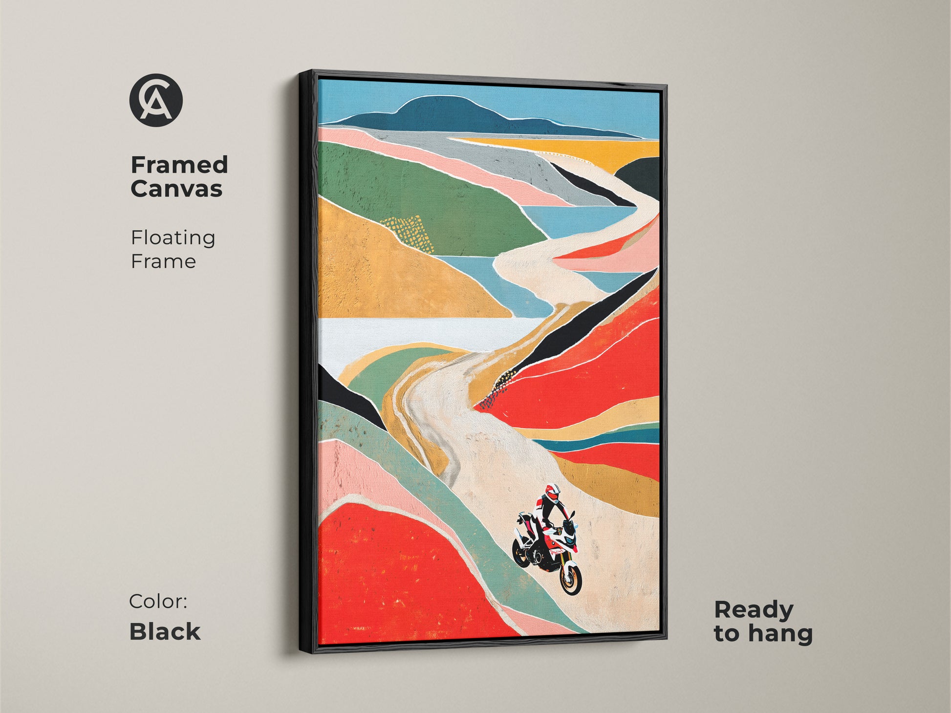 Elevate your space with this framed canvas print featuring a motorcycle on a scenic route. The floating frame enhances the abstract geometric artwork. The red teal and orange color add a modern touch to any room. Ready to hang with a sleek black frame.