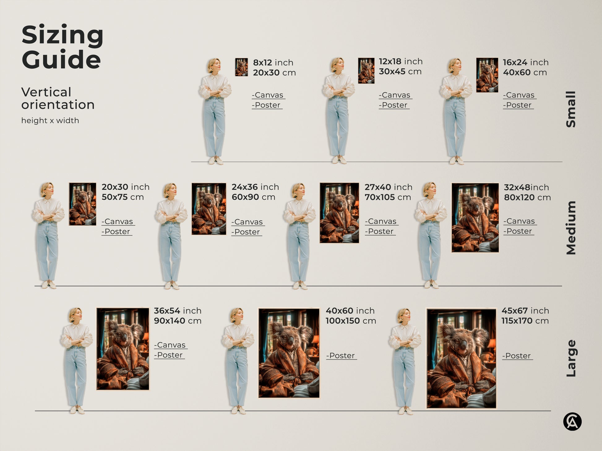 Sizing guide showing the koala in robe art in various vertical sizes. These range from small to large. Visualize how this artwork would look in a home. The perfect cozy bedroom canvas art.