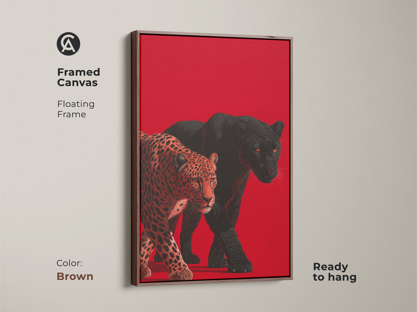 A framed canvas with a brown floating frame showcases a leopard and black panther. The wildlife art print is ready to hang. This elegant piece adds a touch of nature to your decor. The warm tones enhance any space.