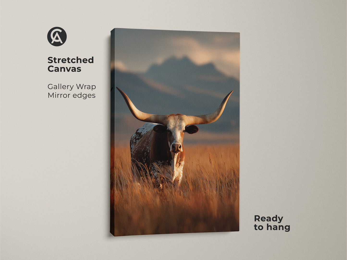 Stretched canvas print of longhorn cattle. This gallery wrapped art shows mirror edges. It is ready to hang. This rustic western landscape art piece uses warm earth tones. It is perfect farmhouse wall decor. The wildlife animal art brings a touch of the cowboy ranch style.