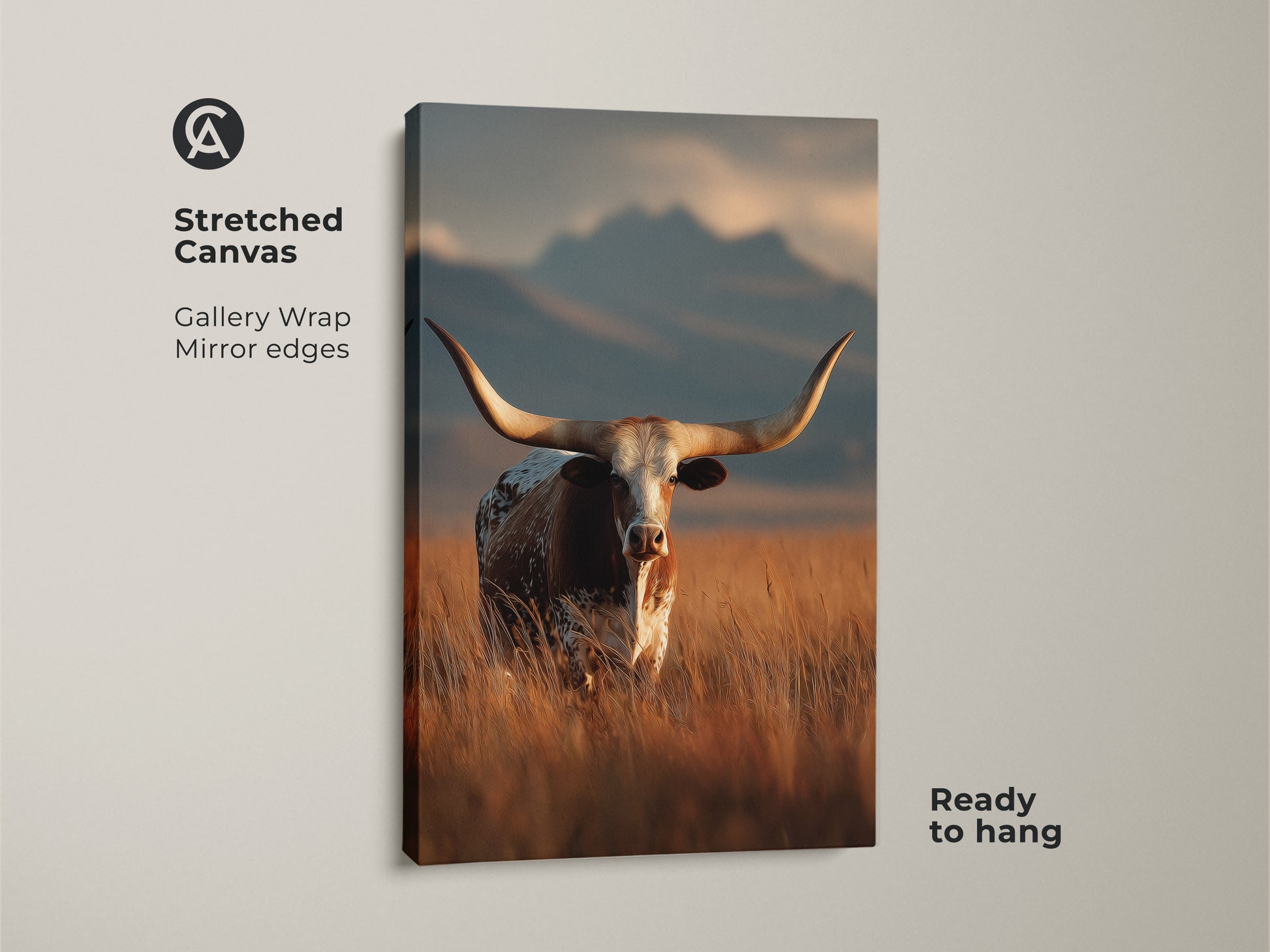 Stretched canvas print of longhorn cattle. This gallery wrapped art shows mirror edges. It is ready to hang. This rustic western landscape art piece uses warm earth tones. It is perfect farmhouse wall decor. The wildlife animal art brings a touch of the cowboy ranch style.