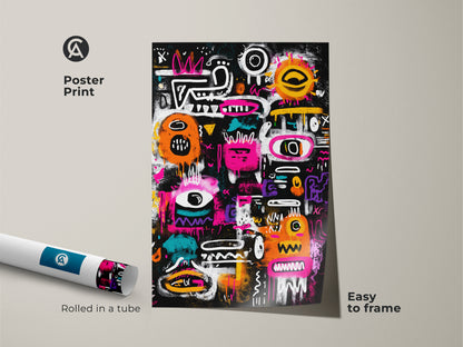 Poster print of abstract graffiti art. This museum-quality paper captures the intricate details and vibrant colors. The poster is rolled in a tube for easy framing. A great way to add a splash of color to any room. Explore our collection of unique art prints today