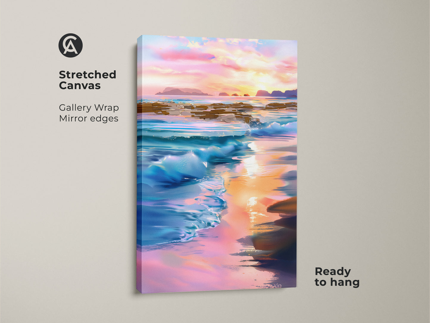 Stretched canvas print shows gallery wrapped mirror edges. The coastal beach wall art features a sunset ocean landscape. Blue pink and orange hues create a calming seascape. Ready to hang this is great beach house decor art.
