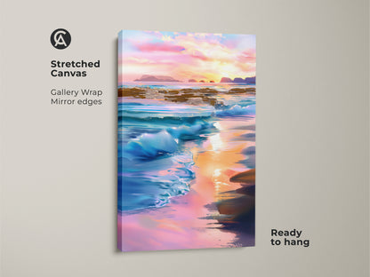 Stretched canvas print shows gallery wrapped mirror edges. The coastal beach wall art features a sunset ocean landscape. Blue pink and orange hues create a calming seascape. Ready to hang this is great beach house decor art.