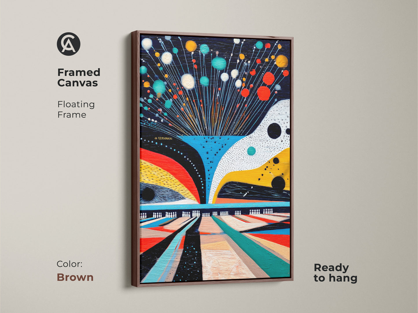 Framed canvas with floating frame in brown. Showcasing abstract bowling artwork. Geometric sport theme with teal red and yellow accents. Ready to hang for easy setup. Modern artwork perfect for any home accent wall.
