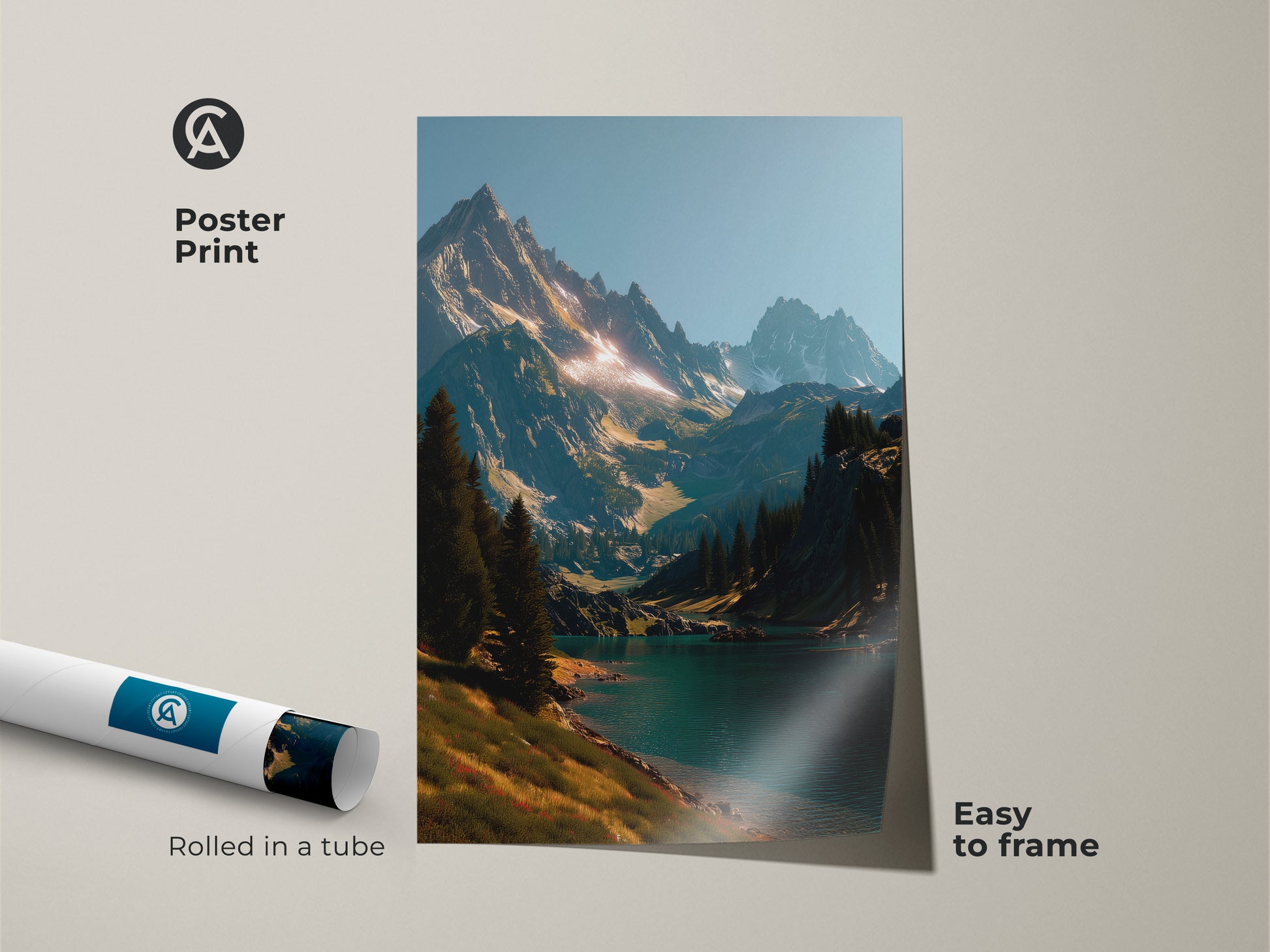 Poster print of a stunning mountain and lake landscape. Rolled in a tube for easy framing. This museum-quality paper captures the vibrant details of the original artwork. Add a touch of nature to your space with this easy-to-frame poster. A perfect gift for art lovers.