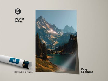 Poster print of a stunning mountain and lake landscape. Rolled in a tube for easy framing. This museum-quality paper captures the vibrant details of the original artwork. Add a touch of nature to your space with this easy-to-frame poster. A perfect gift for art lovers.