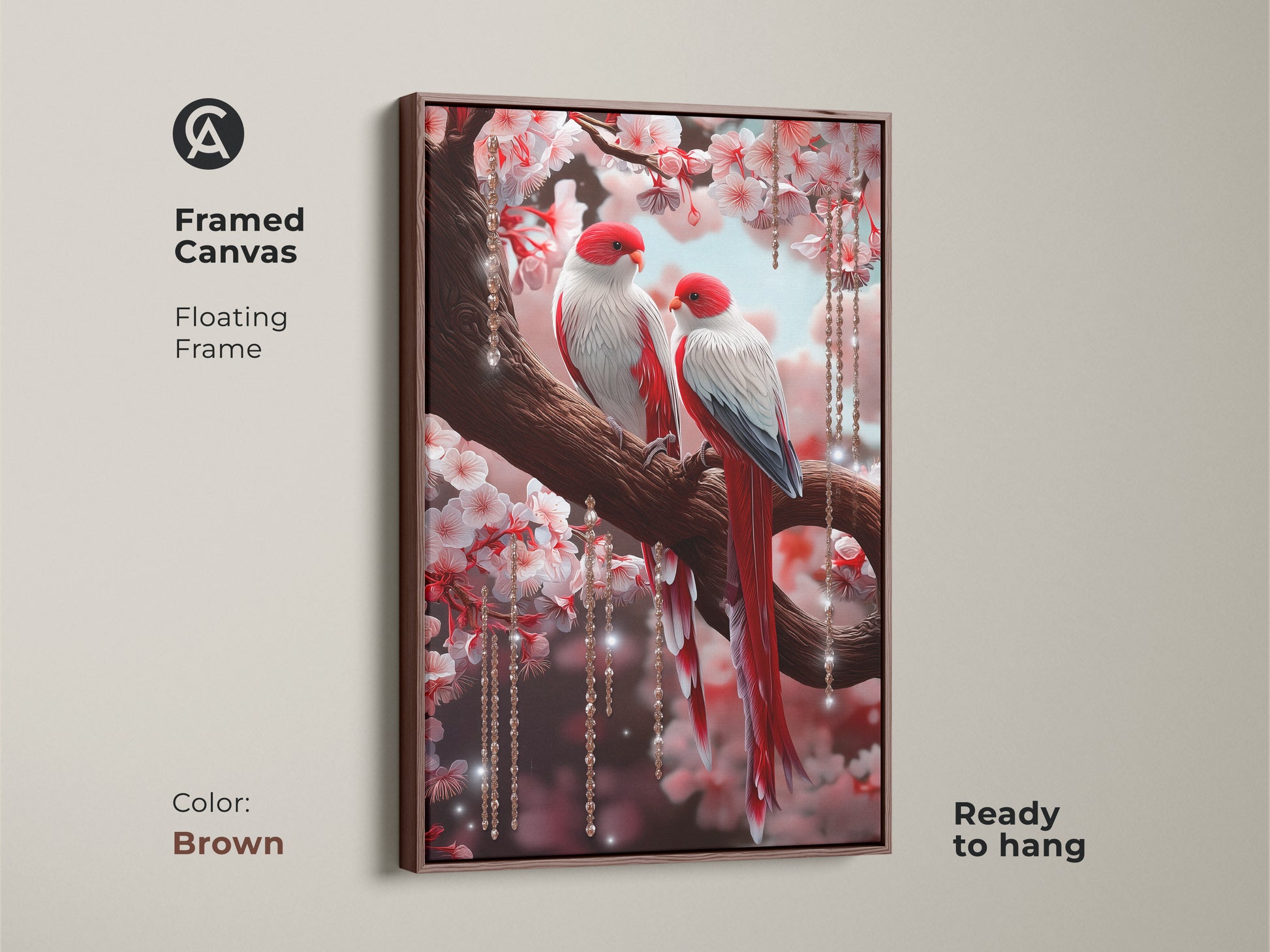 Brown framed canvas displays red lovebirds. They are nestled in cherry blossoms with crystals. This anniversary gift for a couple adds elegance. Botanical artwork brings a touch of dreamy nature. It's ready to hang.